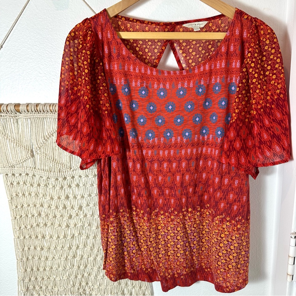 ✌🏽🌼 Lucky Brand Bohemian Pierre Deux Boho Gypsy Red Patterned Women's Top XL